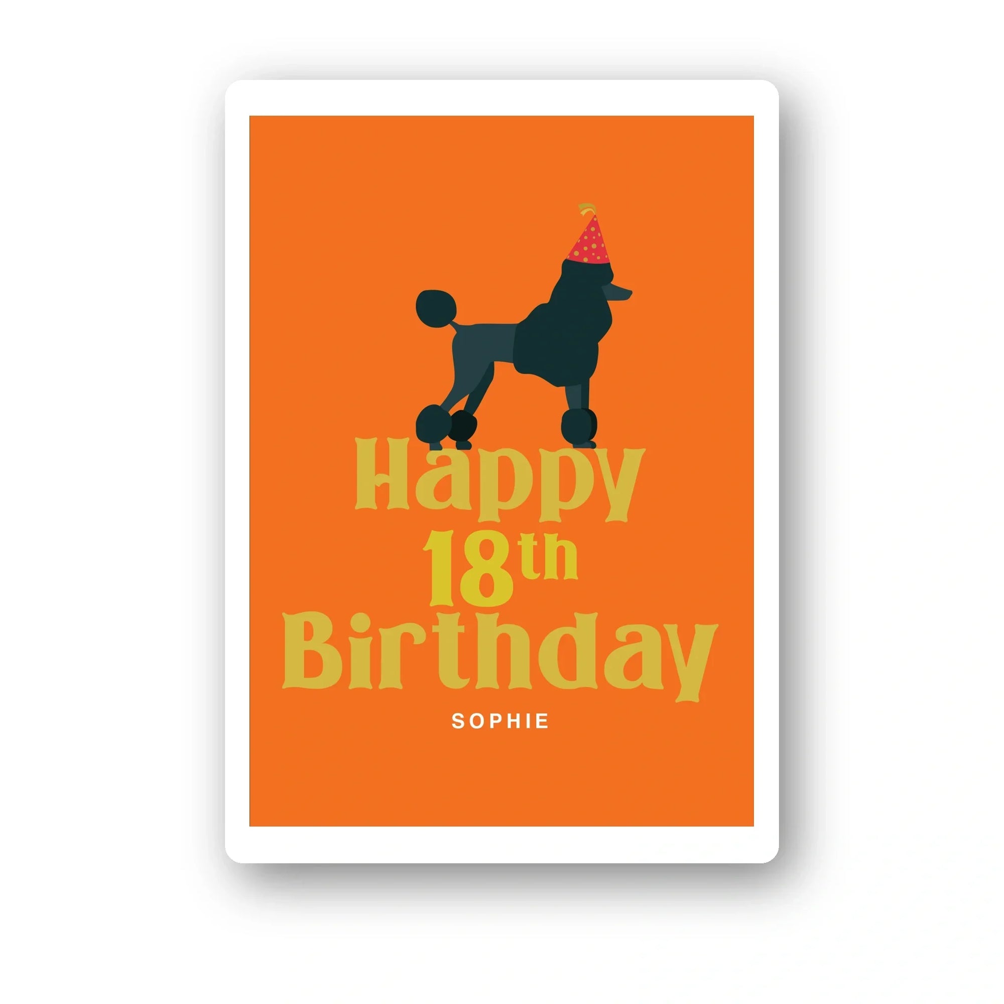 poodle party orange personalised 18th birthday card, dog illustration, premium folded card mockup – clean white background