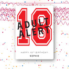 retro wavy typography personalised 18th birthday card in blue, custom name, premium cardstock, party confetti mockup background