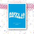 retro wavy cyan personalised 18th birthday card, custom name, premium folded cardstock mockup – party confetti background