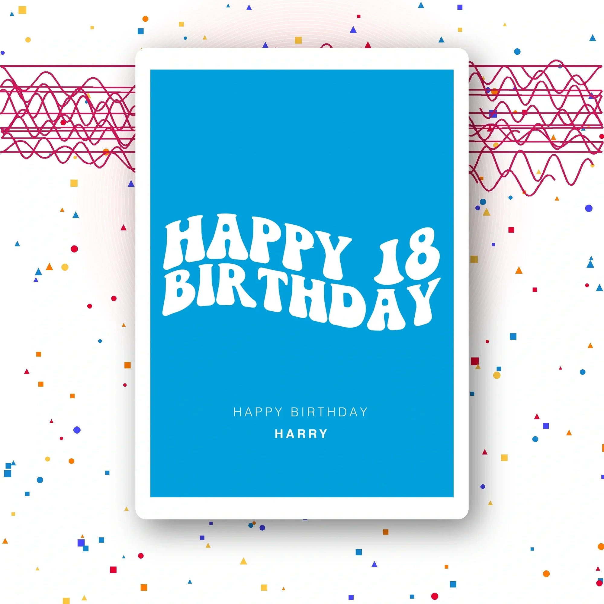 retro wavy cyan personalised 18th birthday card, custom name, premium folded cardstock mockup – party confetti background