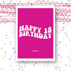 retro wavy magenta personalised 18th birthday card, custom name, premium folded card mockup – party confetti background