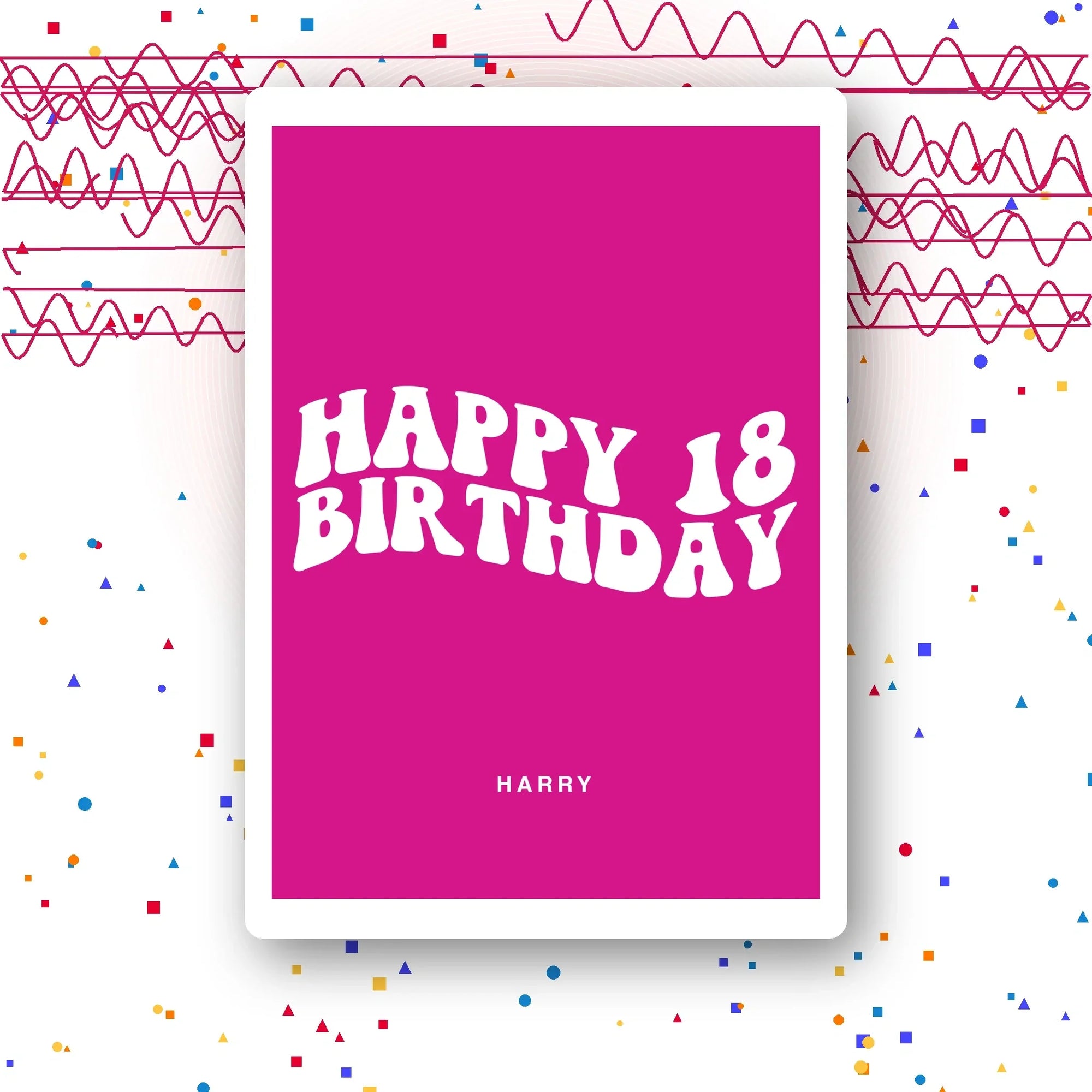 retro wavy magenta personalised 18th birthday card, custom name, premium folded card mockup – party confetti background
