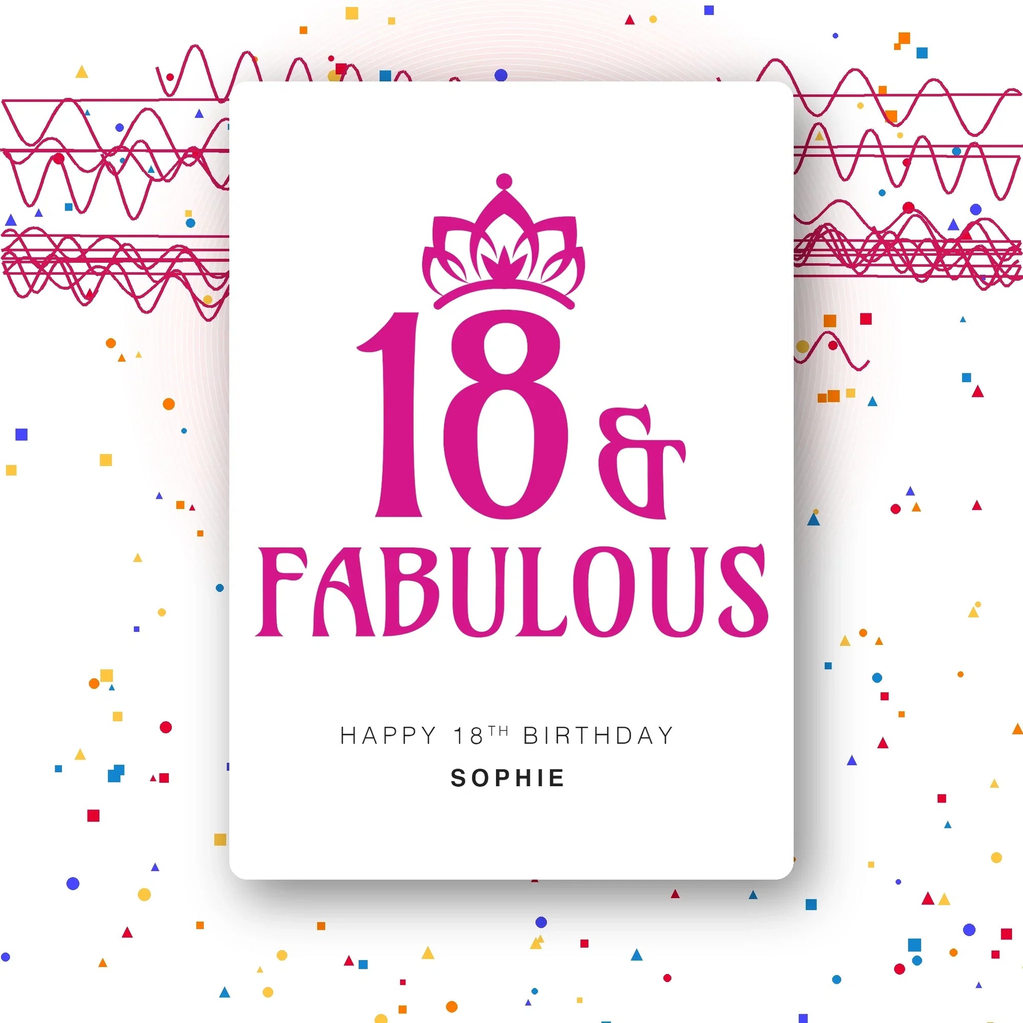 retro wavy royal blue personalised 18th birthday card, custom name, premium folded card mockup – party confetti background