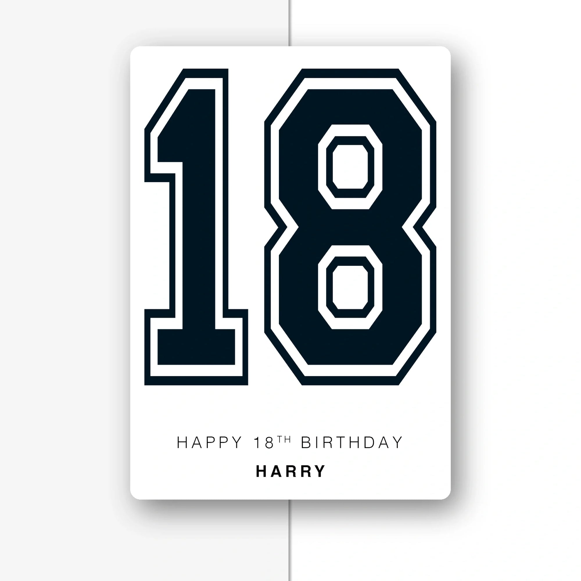 personalised varsity 18th birthday card in royal blue, custom name, premium folded cardstock, half light grey background with soft shadow