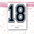 personalised varsity 18th birthday card in royal blue, custom name, premium folded cardstock, party confetti mockup background