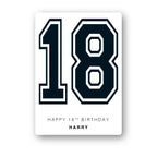 personalised varsity 18th birthday card in royal blue, custom name, premium folded cardstock, clean white background mockup