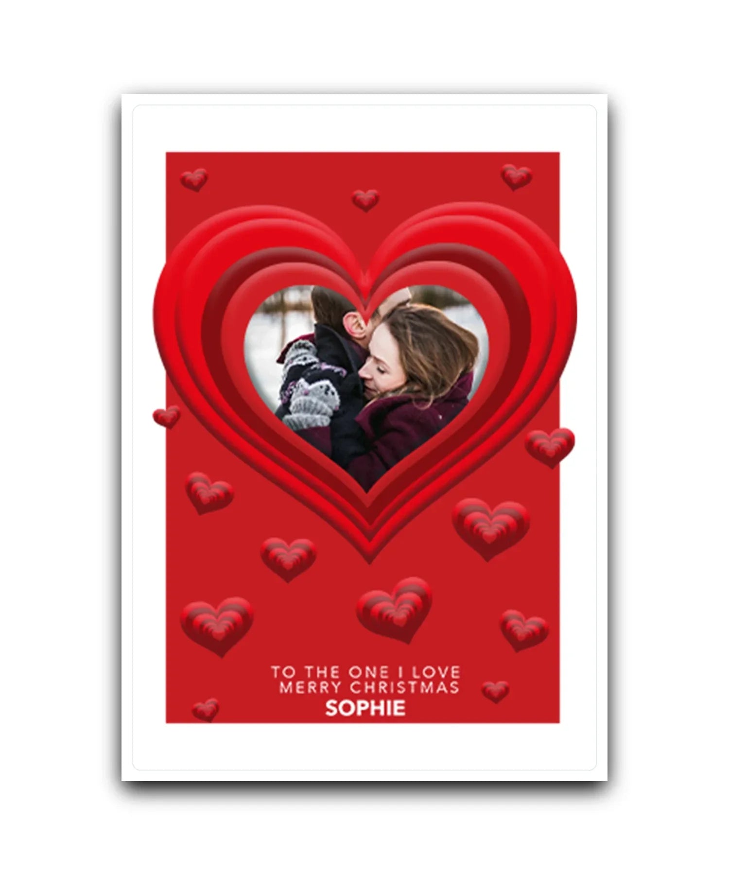 Personalised romantic Christmas card with photo and hearts—add your picture, names & message; custom printed Xmas card
