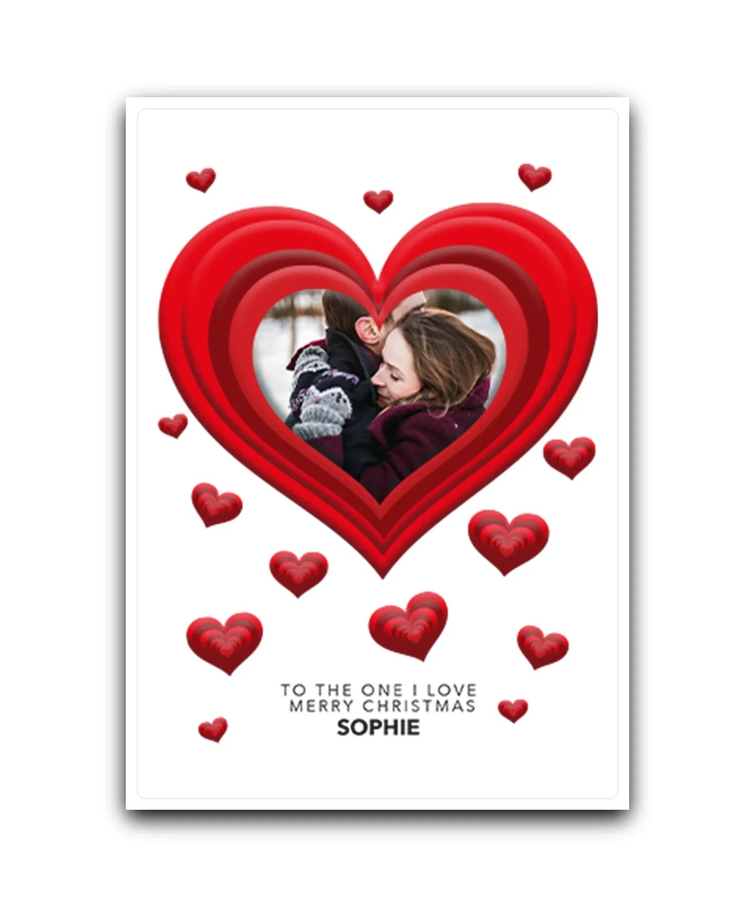 Romantic personalised Christmas card with heart photo framee; custom printed Xmas card; UK printed