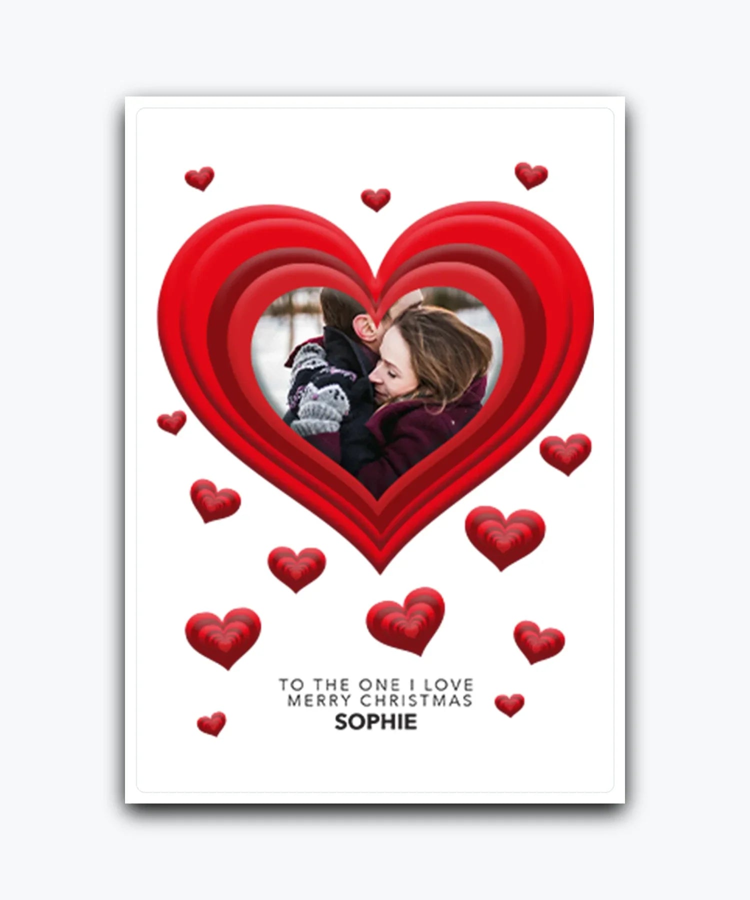 Custom Christmas card for partner with photo in red heart; personalised & printed; UK printed
