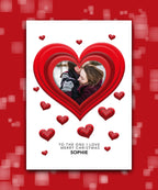 Couples photo Christmas card with layered hearts; personalised Xmas card; UK printed