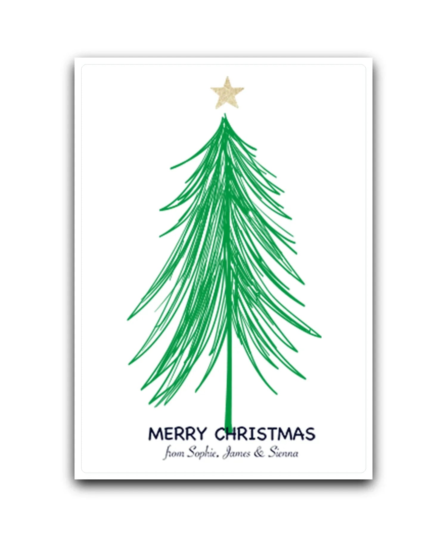 Personalised Christmas card with green tree and gold star; custom printed Christmas card