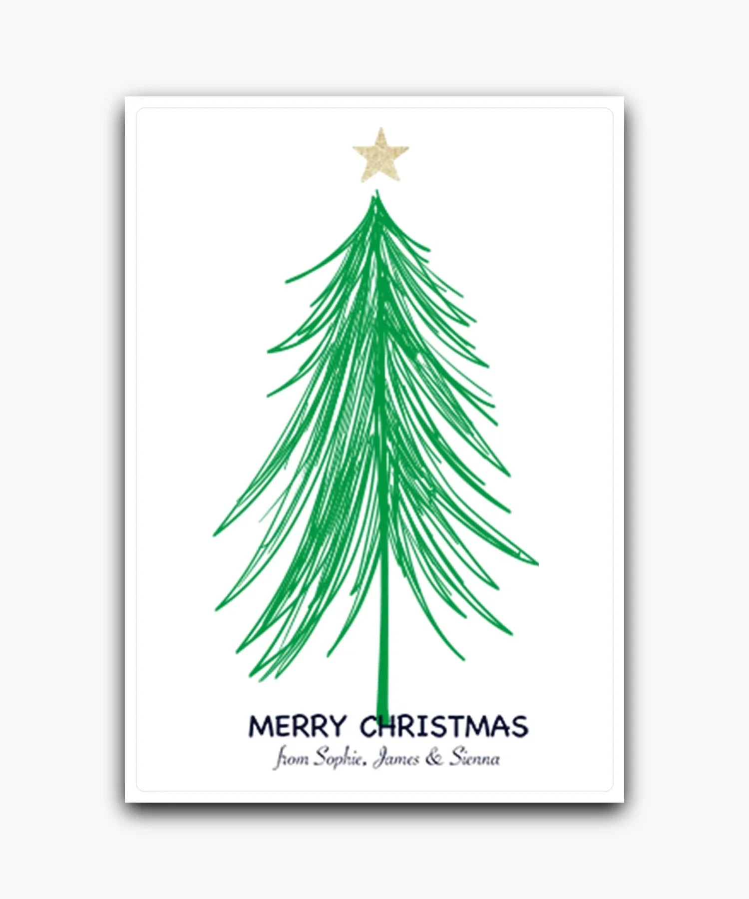 Traditional Christmas tree card with custom greeting—personalised with names; printed Xmas greeting