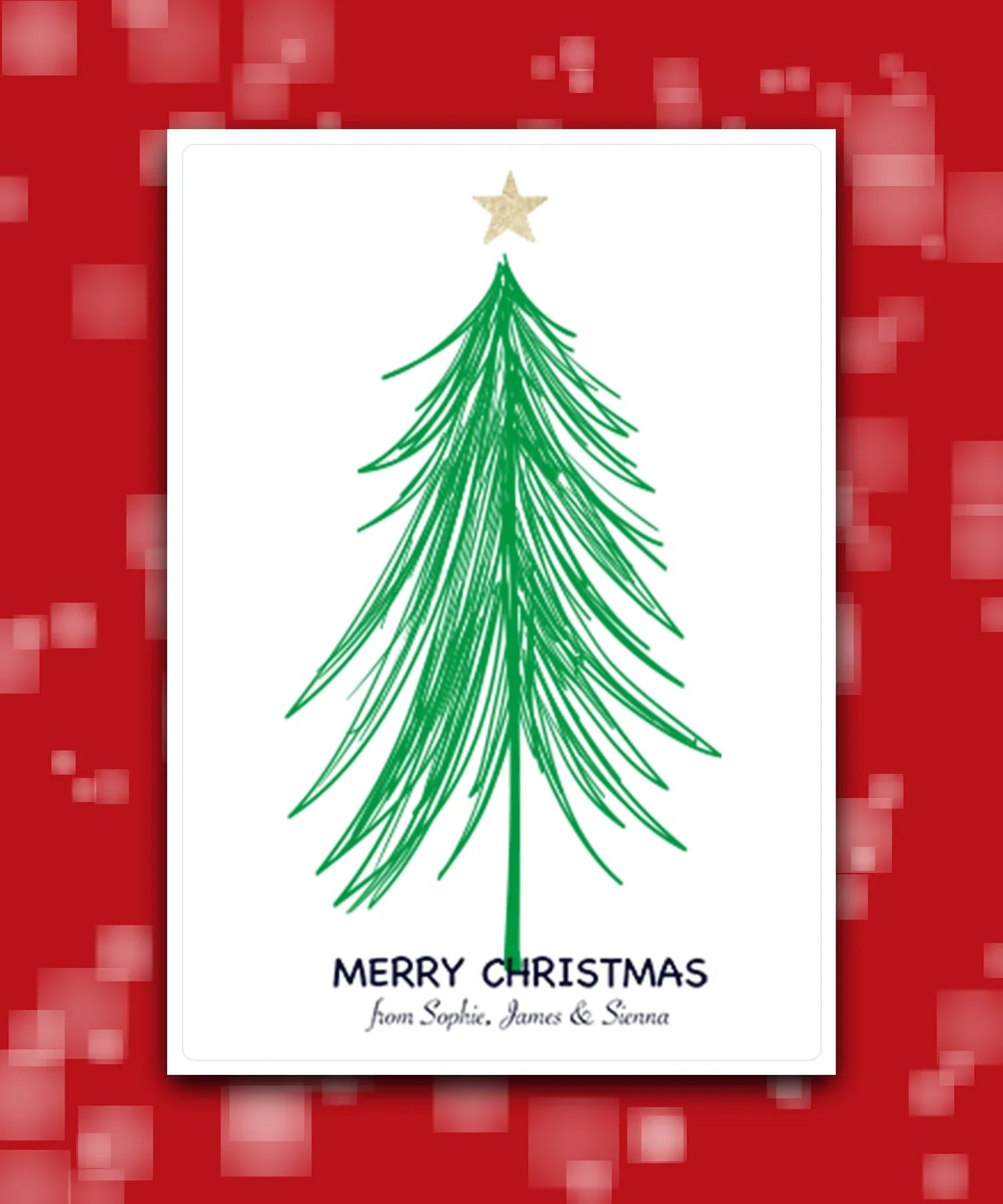 Custom Christmas card with festive tree design—add surname & message; custom printed