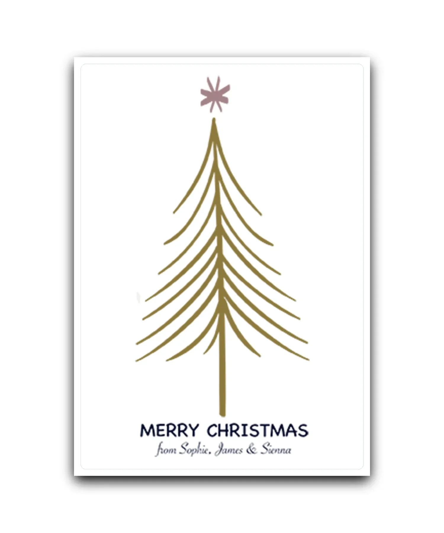 Personalised Christmas card with gold tree and star—add name & message; custom printed Christmas card