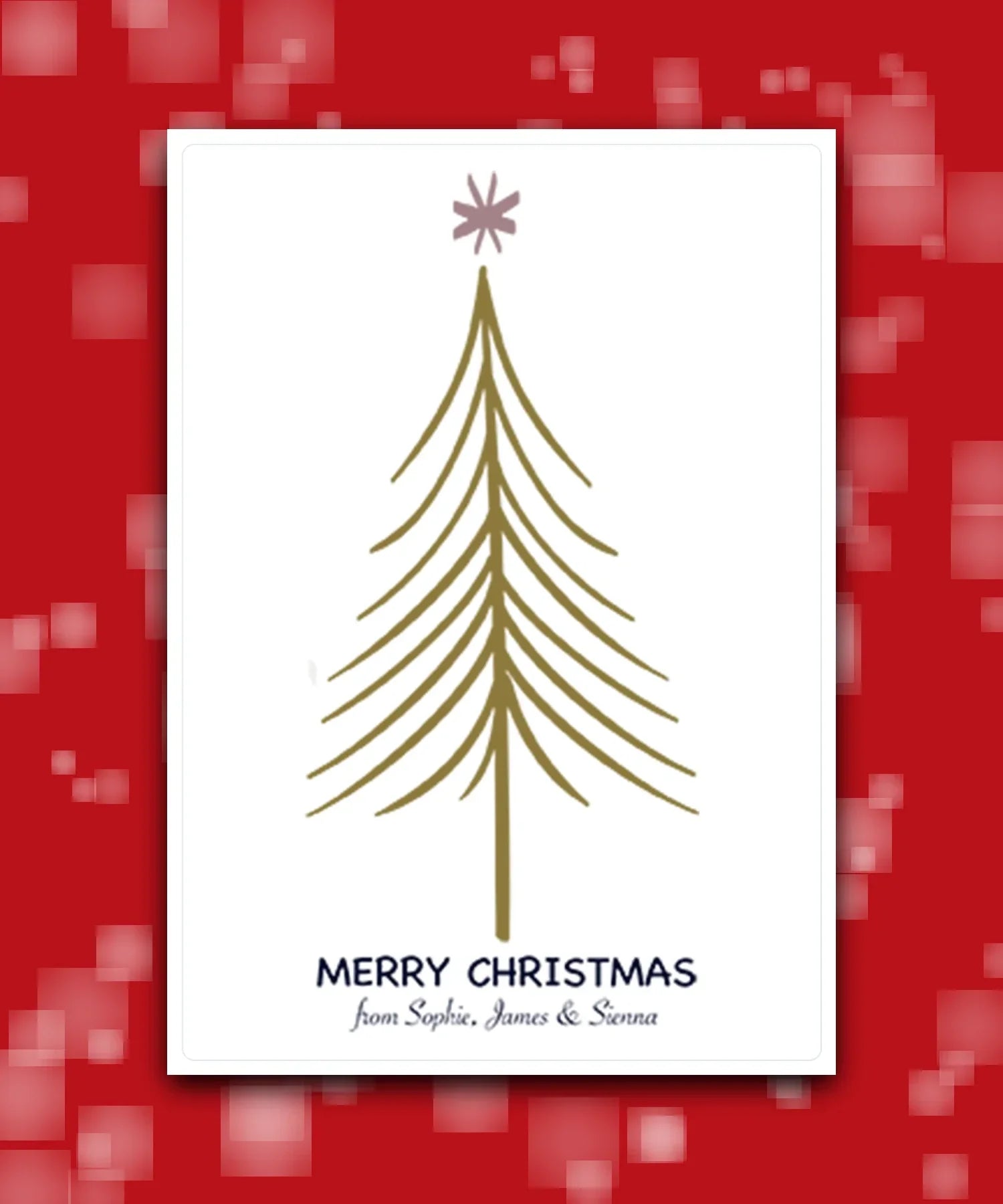 Custom holiday card with gold Christmas tree design; custom printed