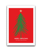 personalised red christmas card with minimalist tree design—add name & message; custom printed Xmas card