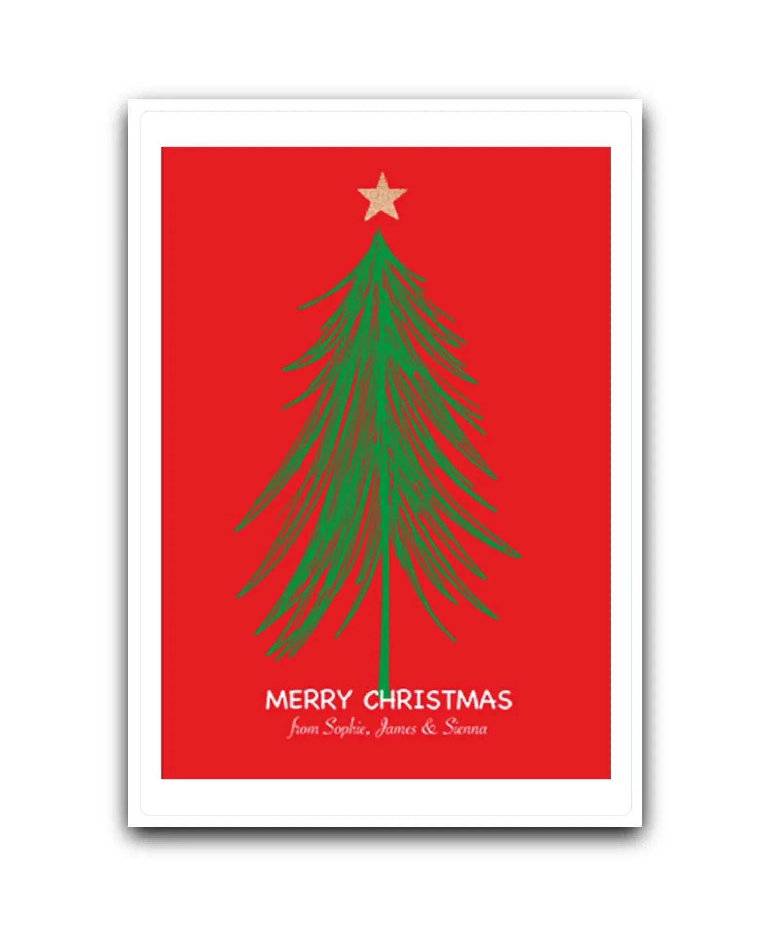 personalised red christmas card with minimalist tree design—add name & message; custom printed Xmas card