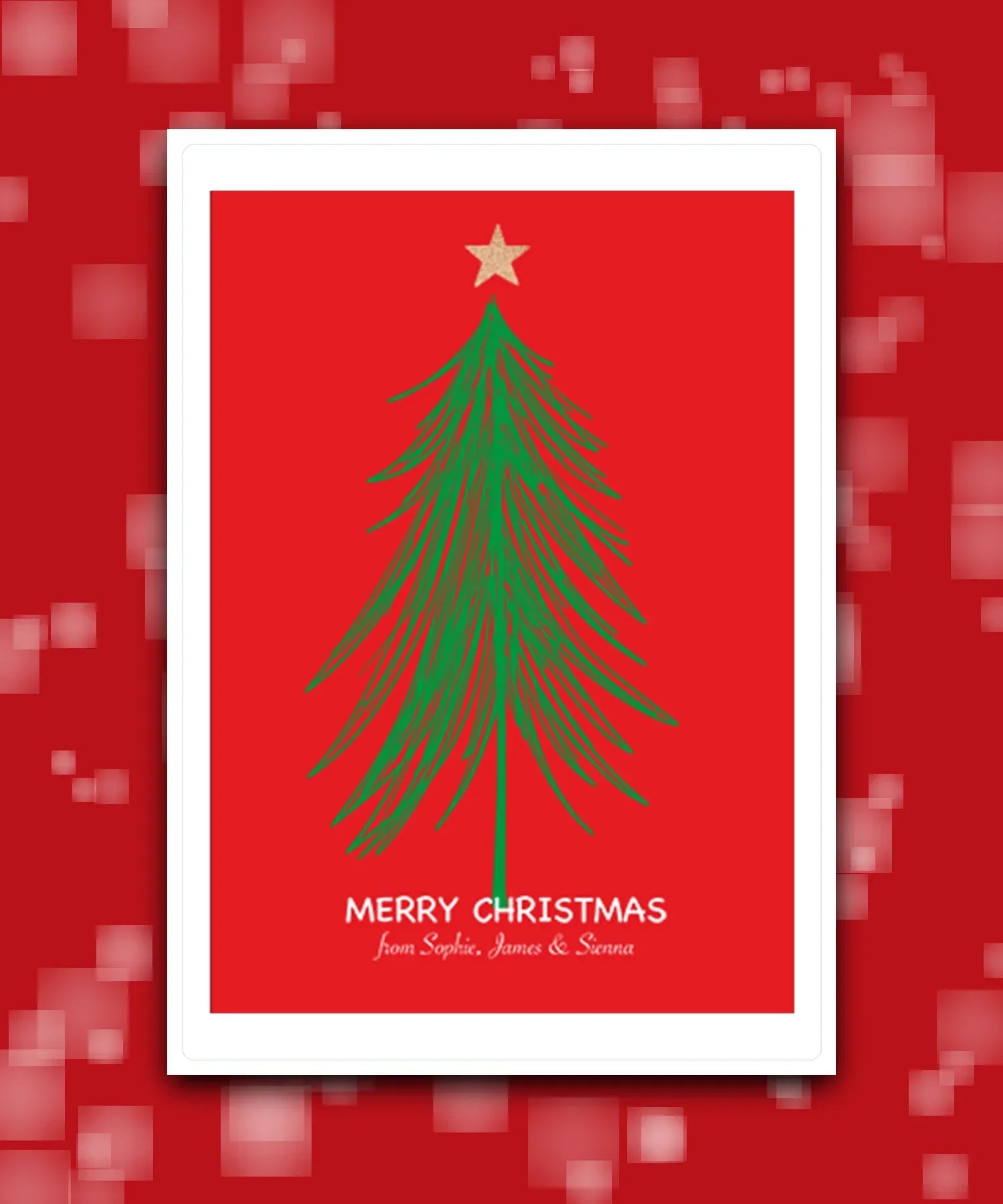festive holiday greeting card in red with tree illustration—add family name & message; printed card