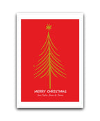personalised red christmas card with gold tree design—add surname & message; custom printed Xmas card