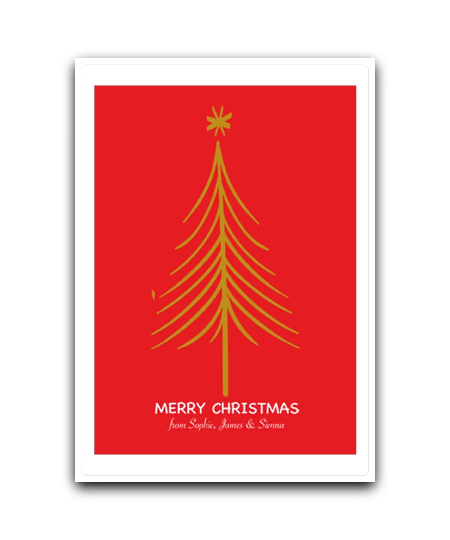 personalised red christmas card with gold tree design—add surname & message; custom printed Xmas card
