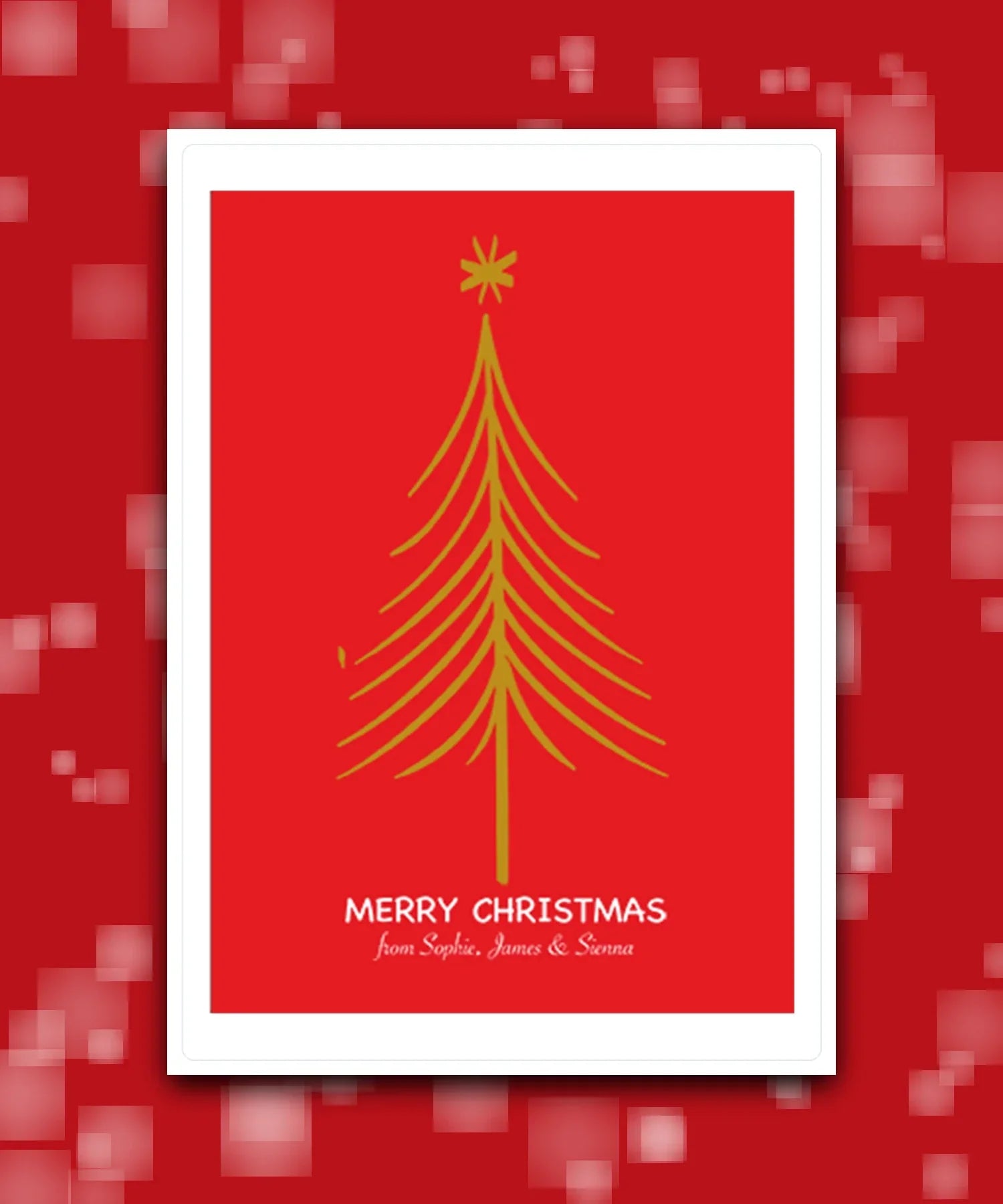 Custom Christmas card with family surname & message; custom christmas card with minimalist gold tree