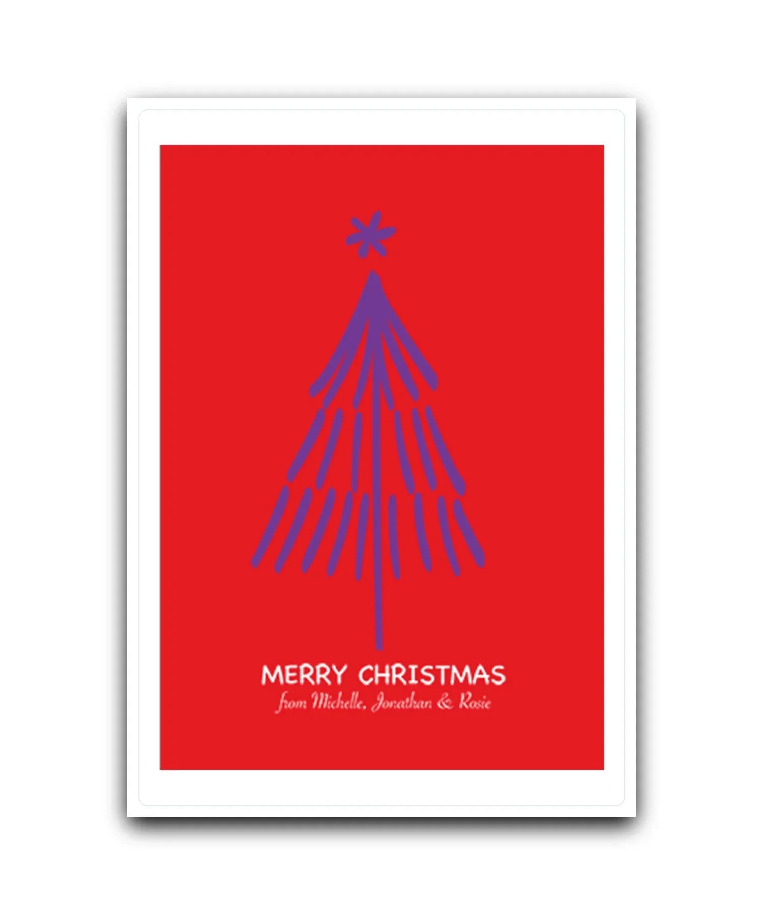 personalised christmas card with purple tree—add name & message; custom printed Christmas card