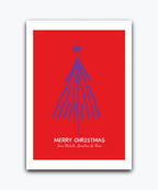 festive red christmas card with modern tree design—personalised with names; printed Xmas greeting