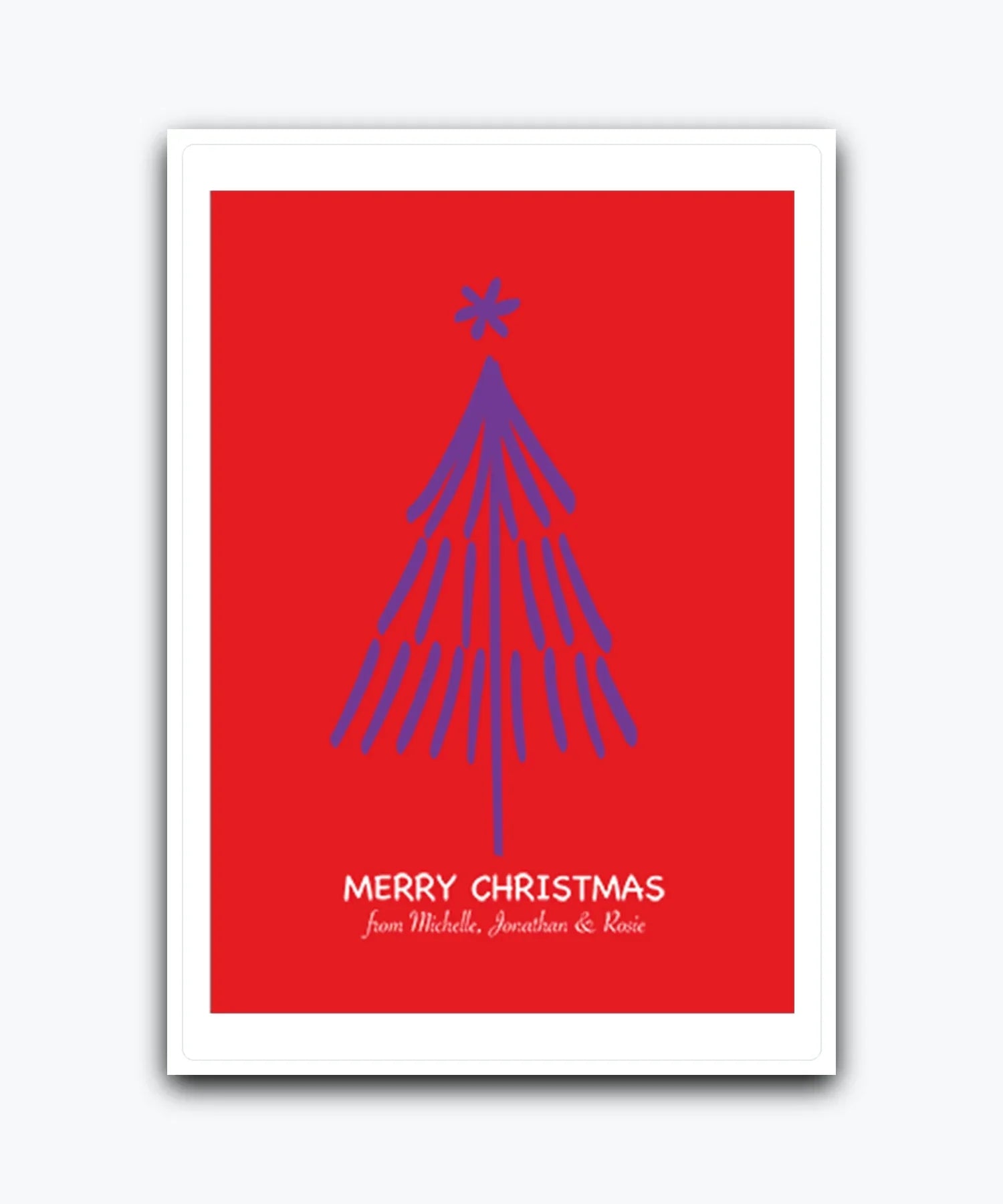 festive red christmas card with modern tree design—personalised with names; printed Xmas greeting