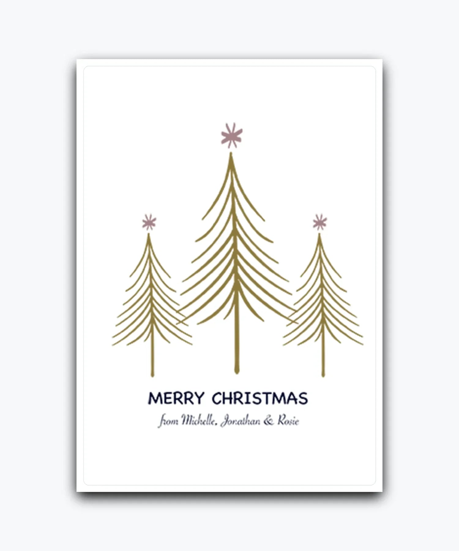 Elegant gold star Christmas card—personalised with names; printed Xmas greeting; UK printed