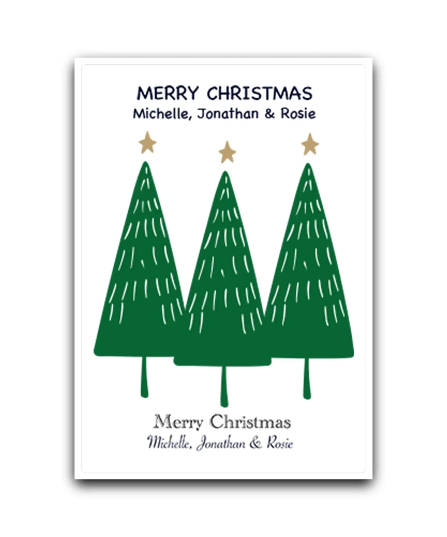 Christmas tree personalised card—add name & message; custom printed Xmas card; UK printed