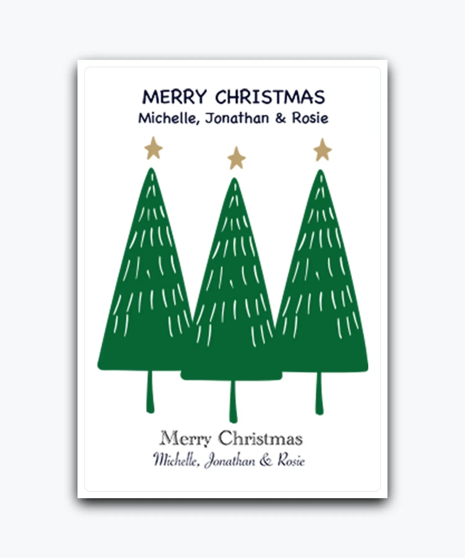 Classic tree Christmas card—personalised with names; printed greeting card; UK printed