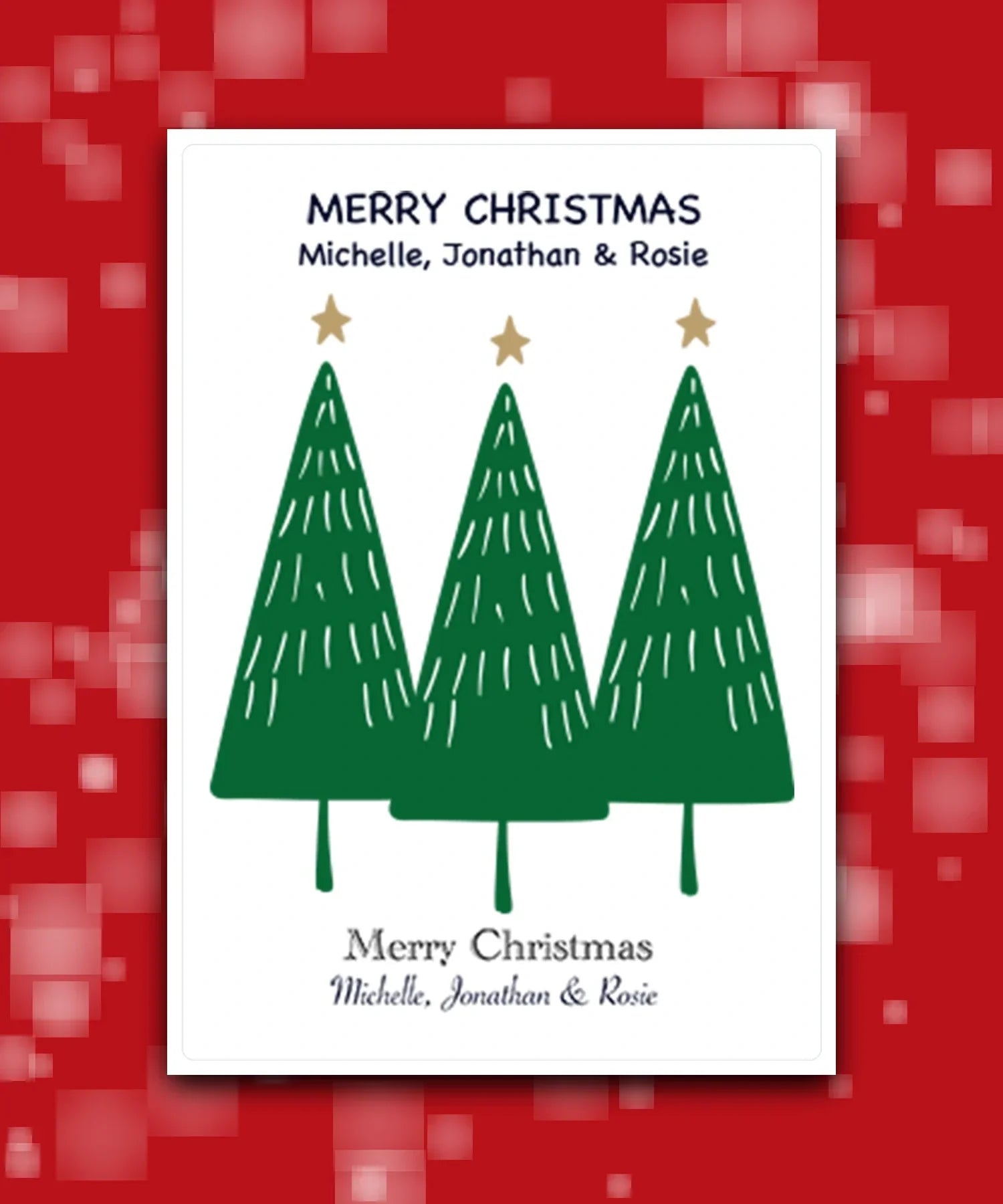 Personalised Christmas tree card—add family name & message; printed card; UK printed