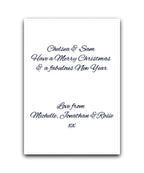 Personalised Christmas card (navy)—add name & message; printed Xmas greeting