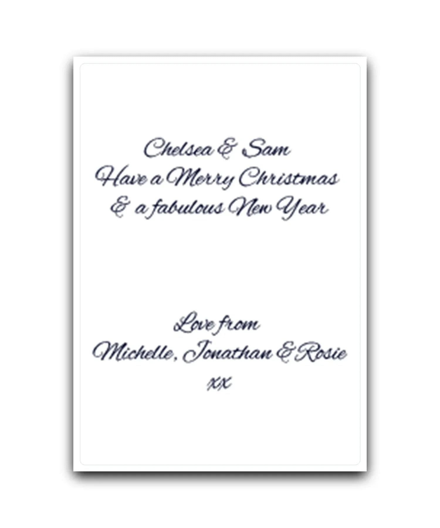 Personalised Christmas card (navy)—add name & message; printed Xmas greeting