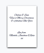 Custom Christmas card (navy)—personalise with names & text; printed card