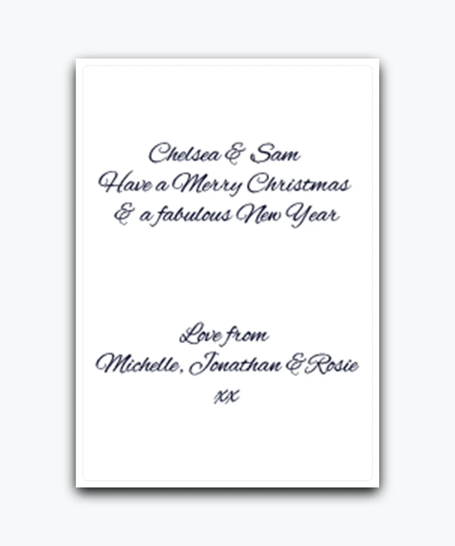 Custom Christmas card (navy)—personalise with names & text; printed card