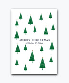 Pine forest Christmas card personalised—add names & greeting; printed Xmas card; UK printed