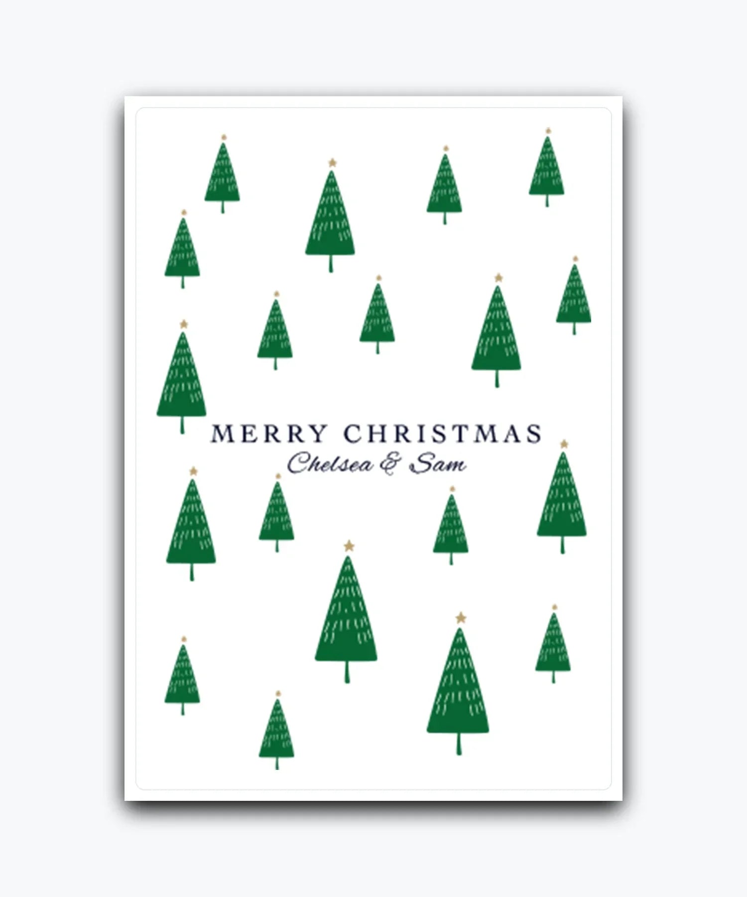 Pine forest Christmas card personalised—add names & greeting; printed Xmas card; UK printed