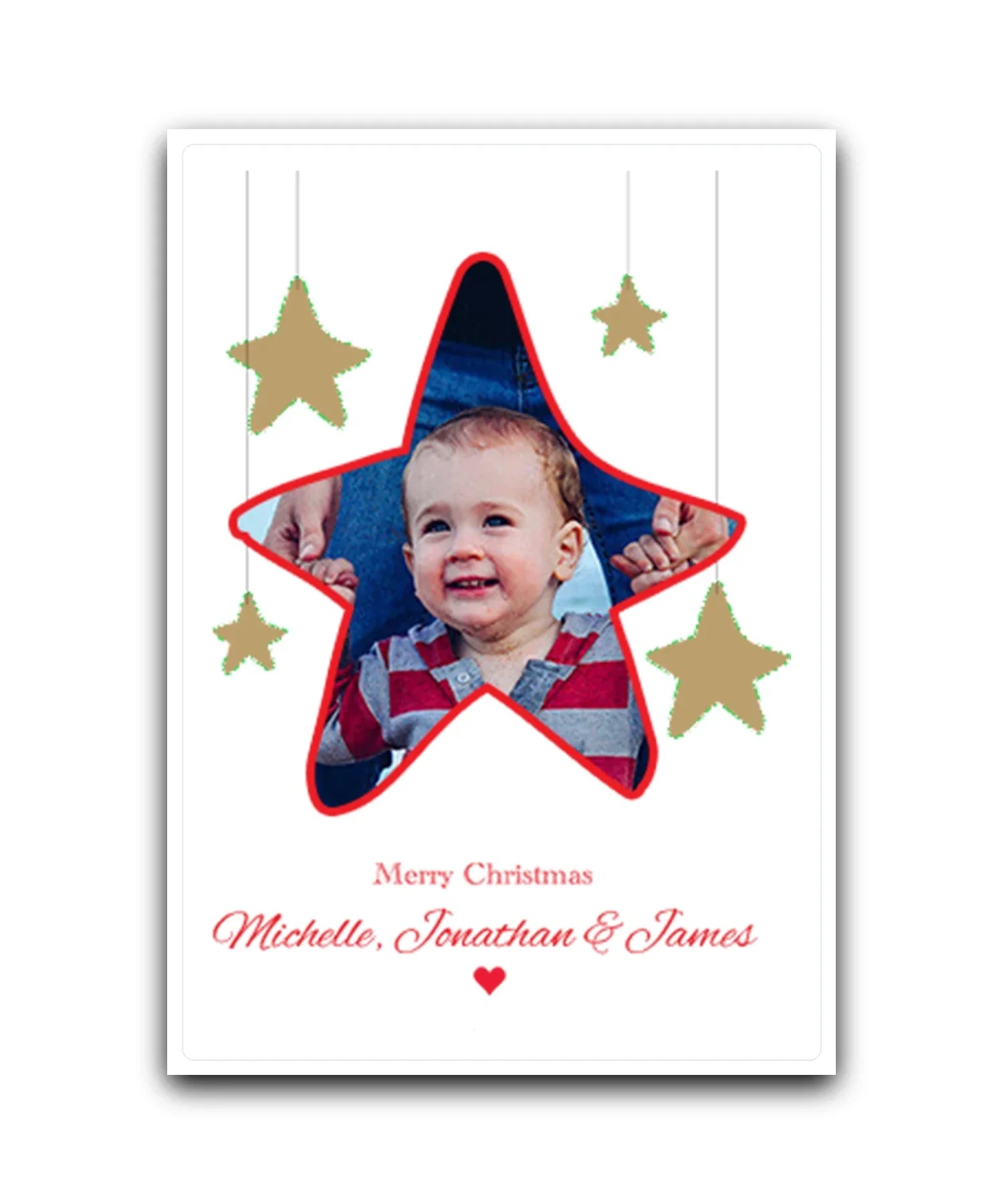 Photo upload personalised Christmas card—add your picture, names & message; custom printed Xmas card; for family & friends
