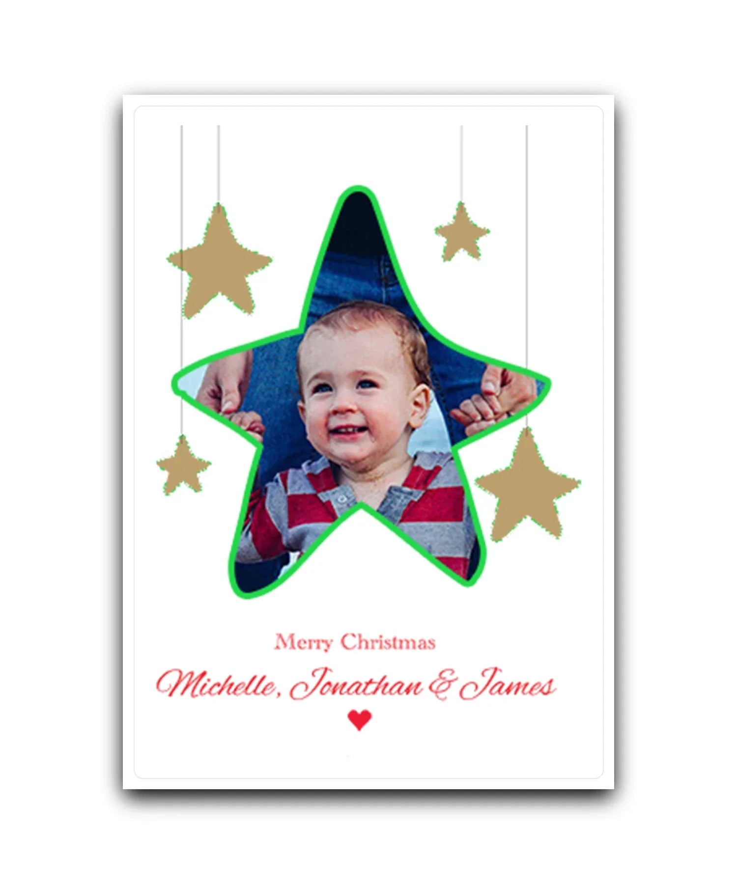 Photo upload personalised Christmas card (emerald)—add your picture, names & message; custom printed Xmas card