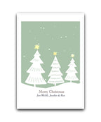 Personalised snowy Christmas tree card with winter wonderland theme—add name & message; custom printed Christmas card; for family & friends