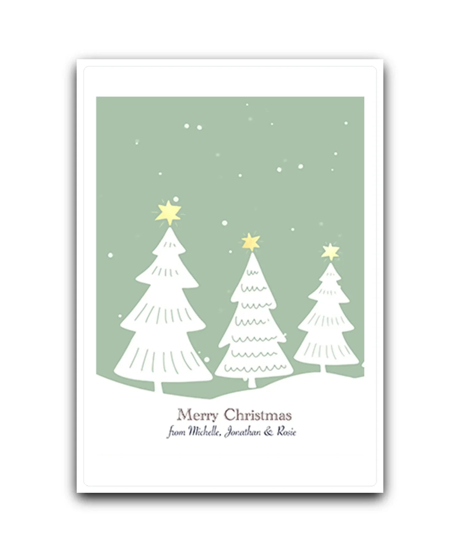 Personalised snowy Christmas tree card with winter wonderland theme—add name & message; custom printed Christmas card; for family & friends