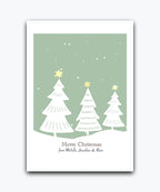 Custom festive greeting card with forest of trees and golden stars—personalised with names; printed Xmas greeting; for family & friends