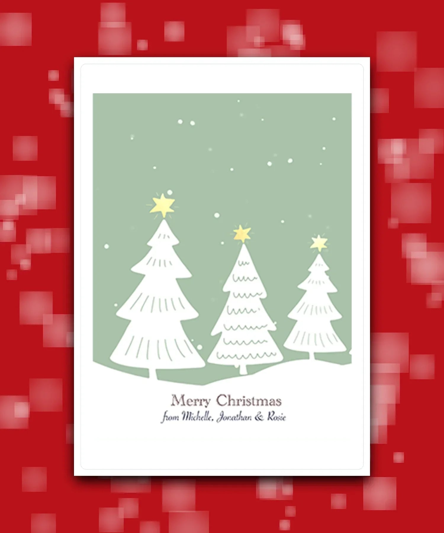 Whimsical snow scene Christmas card with personalised message—add surname & message; custom printed; for family & friends