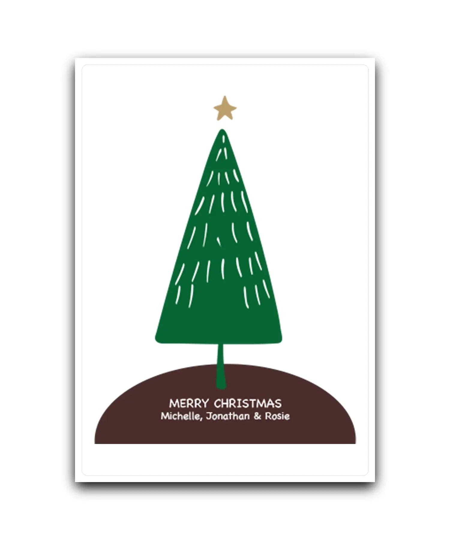 Minimalist personalised Christmas tree card with modern design—add name & message; custom printed; UK printed