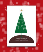 Modern holiday card with hand-drawn Christmas tree—add names & text; custom printed card; UK printed