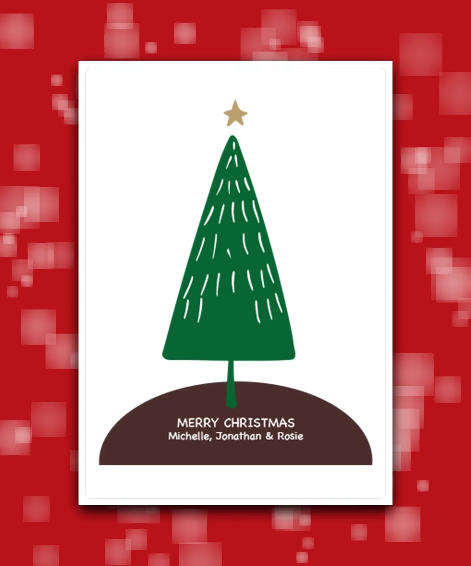 Modern holiday card with hand-drawn Christmas tree—add names & text; custom printed card; UK printed