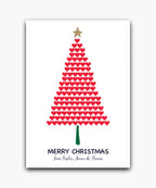 Contemporary red Christmas tree greeting card)—personalised with names; printed greeting card