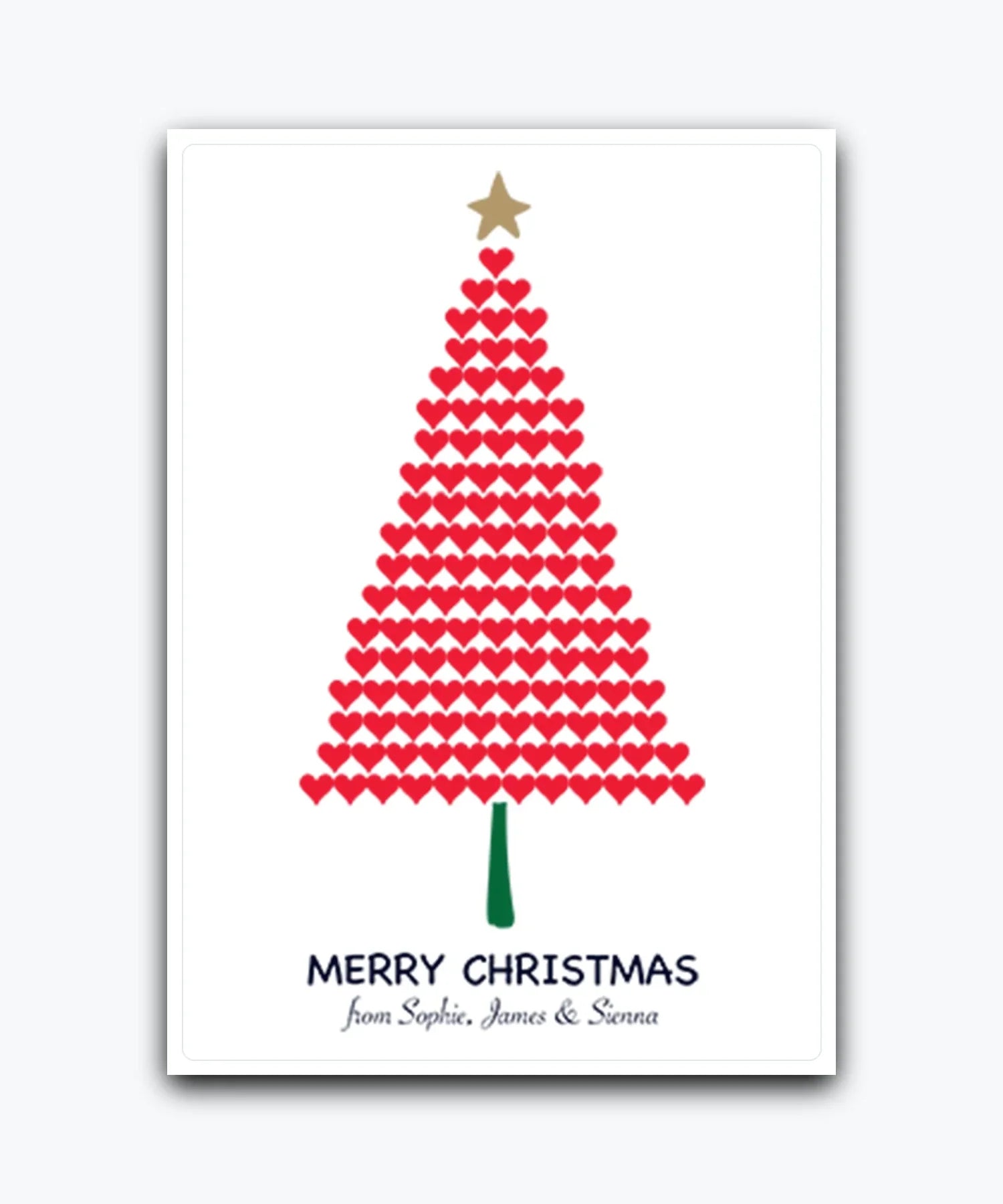 Contemporary red Christmas tree greeting card)—personalised with names; printed greeting card
