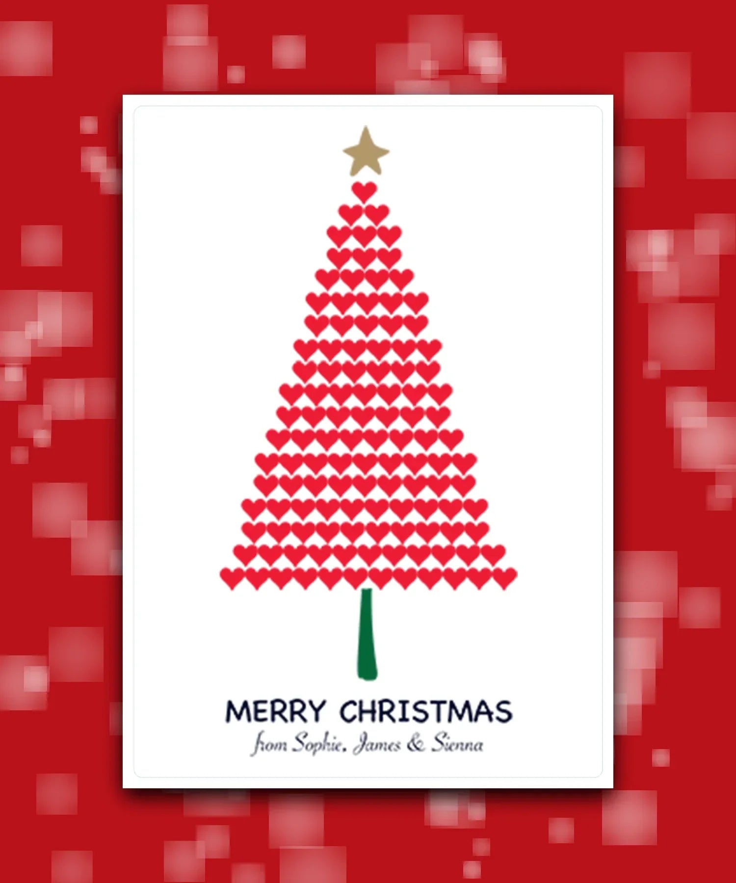 Customisable Xmas card with tree and personalised text—add family name & message; printed card